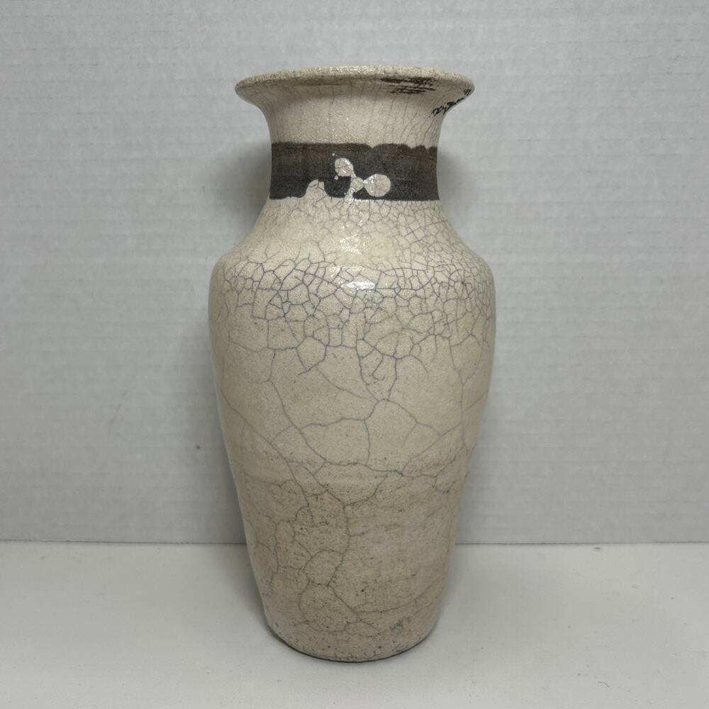 White Crackle Grey Raku Art Pottery 8" Vase Signed Hand Thrown